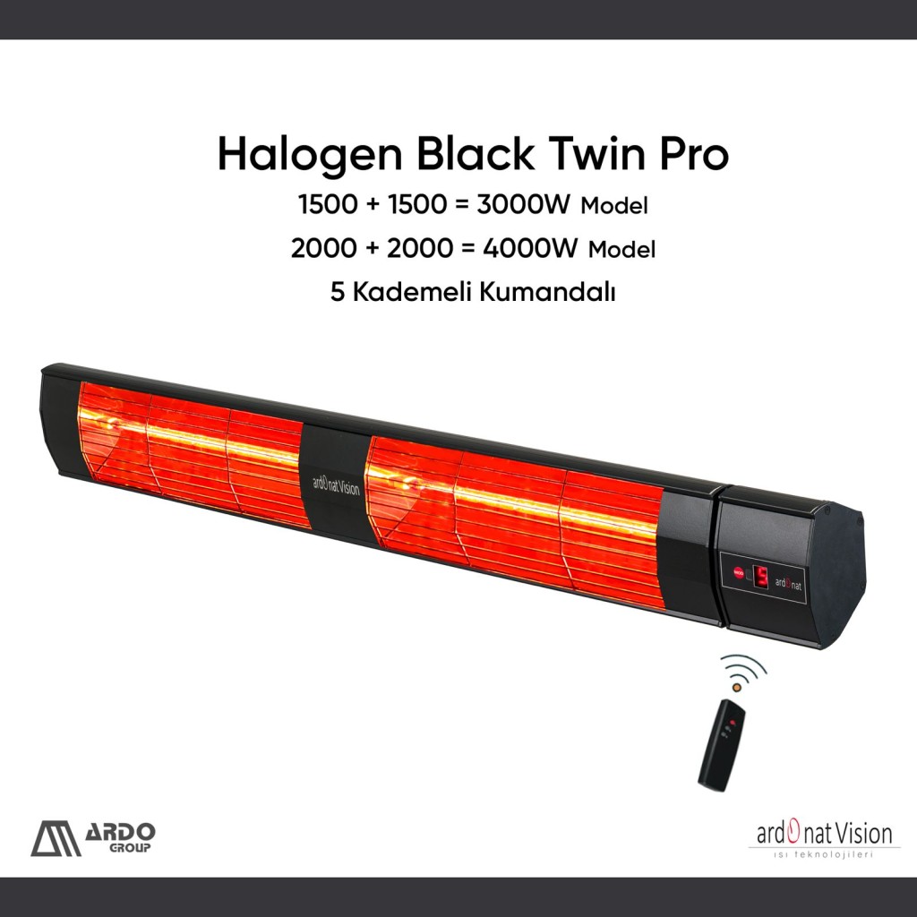 Halogen Black Twin Pro 1500+1500=3000 Watt Kumandalı Dış Mekan Isıtıcı Açık Ve Yarı Açık Alanlar İçin