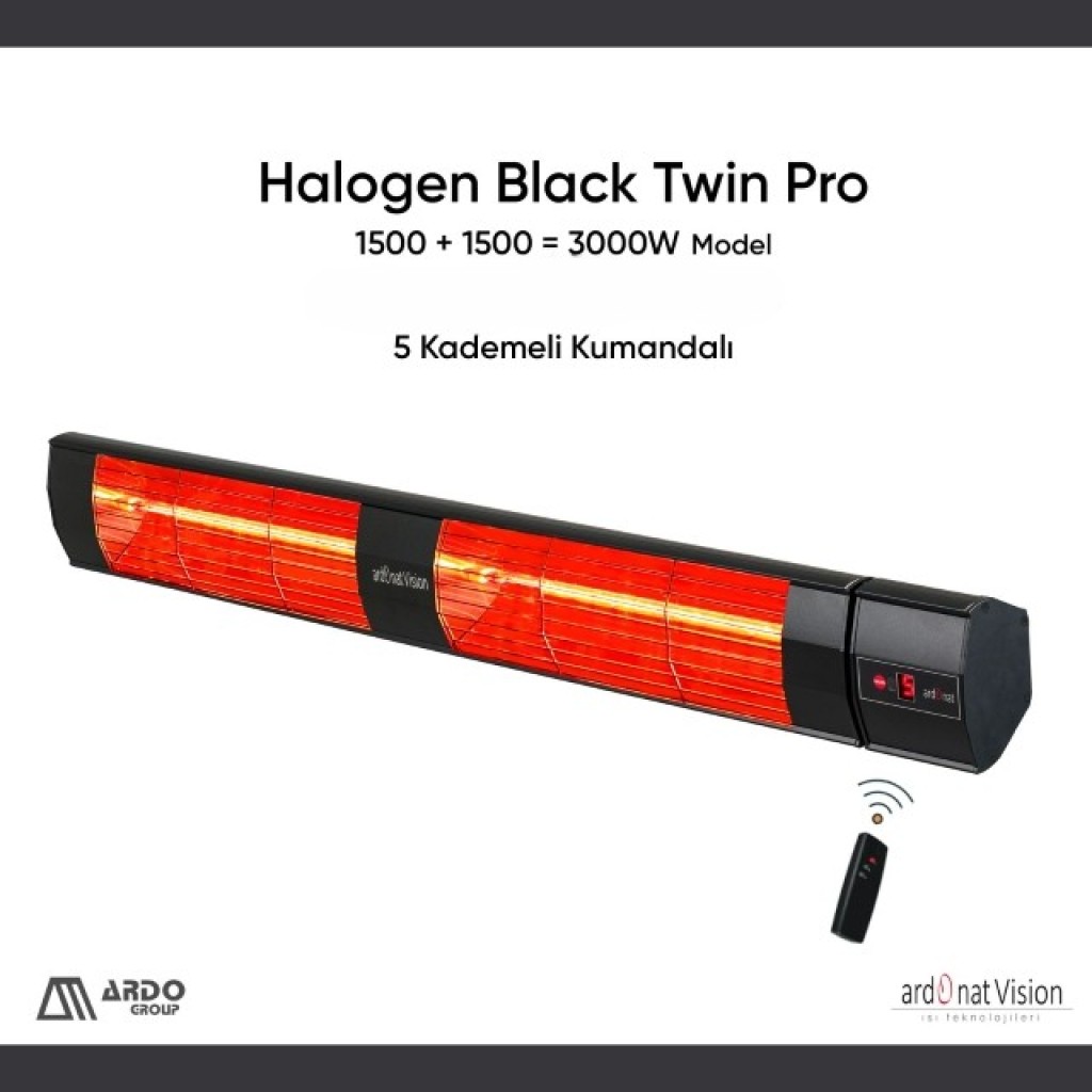 Halogen Black Twin Pro 1500+1500=3000 Watt Kumandalı Dış Mekan Isıtıcı Açık Ve Yarı Açık Alanlar İçin